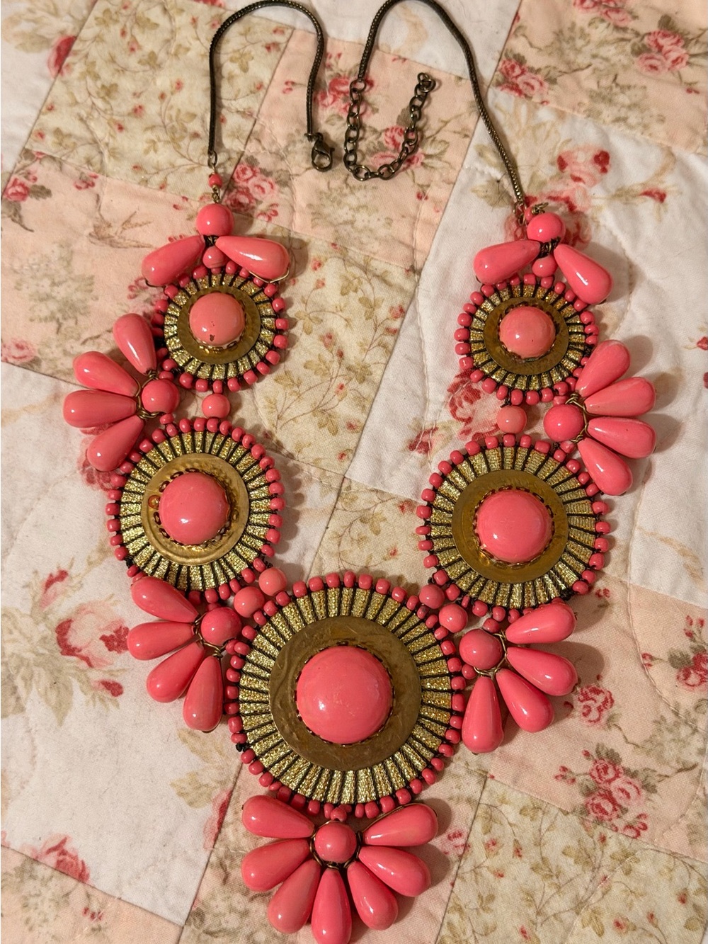 Pink Statement Bib Necklace - Bold Coral Pink Fashion Jewelry